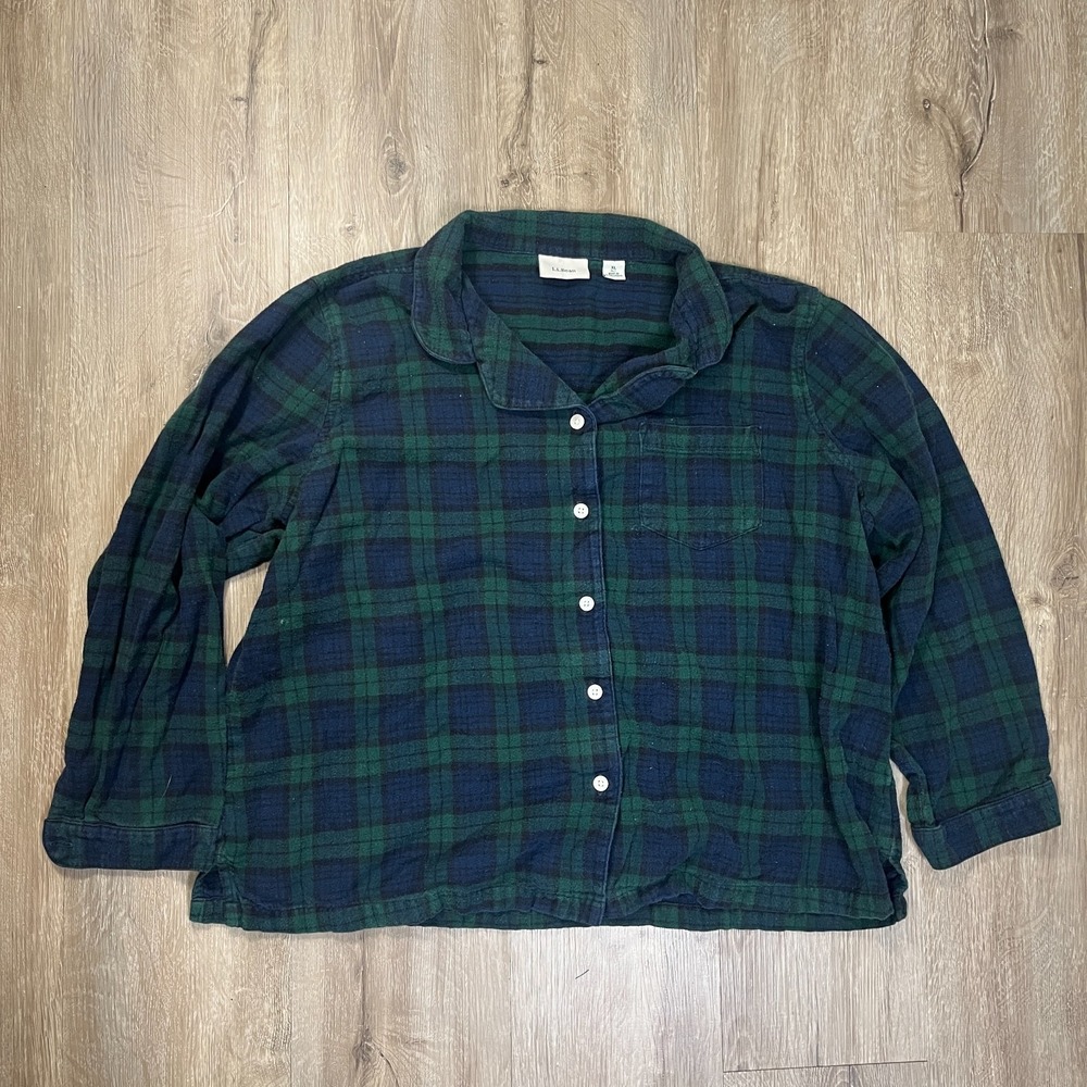 LL Bean Women's Scotch Plaid Flannel Pajama Top Green XL Petite Button Long